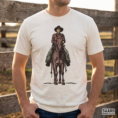 Hand drawn cowboy riding a horse in a retro western style, perfect for country music graphic tees and POD apparel