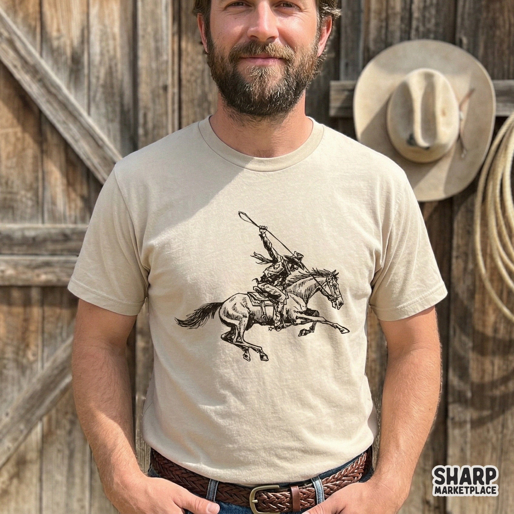 Rustic western cowboy graphic printed on a beige t-shirt, featuring a hand-drawn horse rider in mid-gallop for trendy apparel projects.