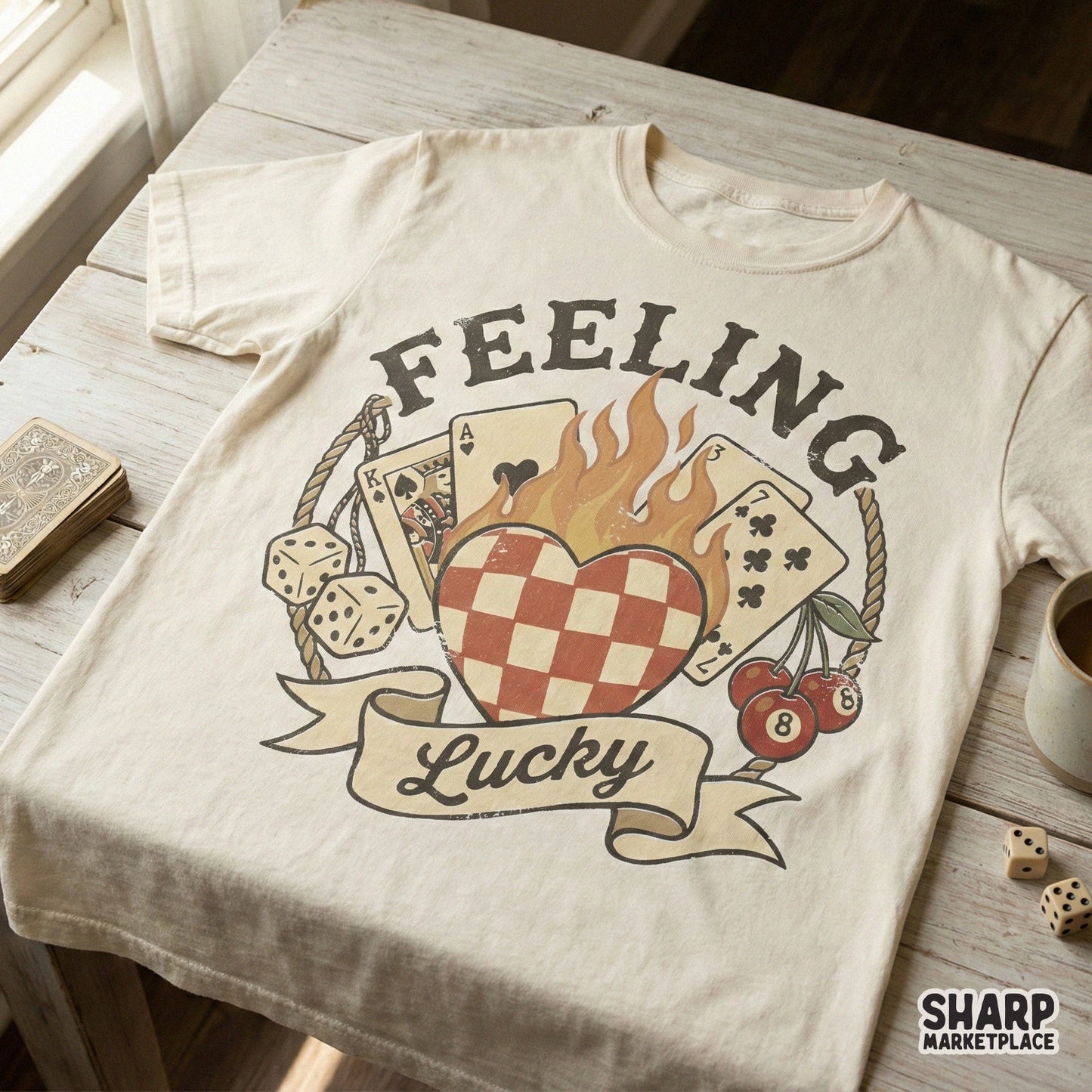 Vintage gambling themed digital download with a flaming heart, playing cards, and dice, ideal for custom t-shirts, tumblers, and DIY craft projects.