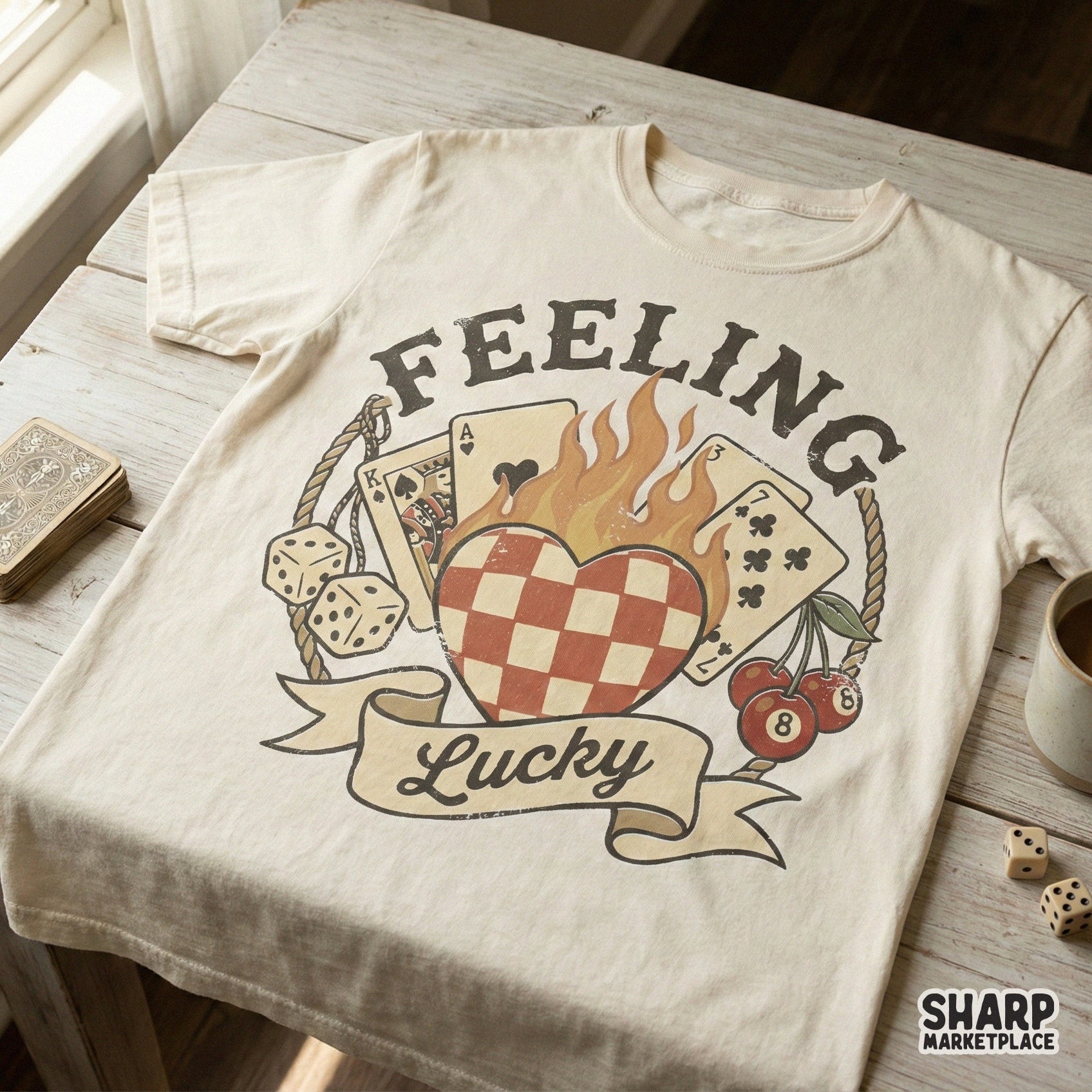 Vintage gambling themed digital download with a flaming heart, playing cards, and dice, ideal for custom t-shirts, tumblers, and DIY craft projects.
