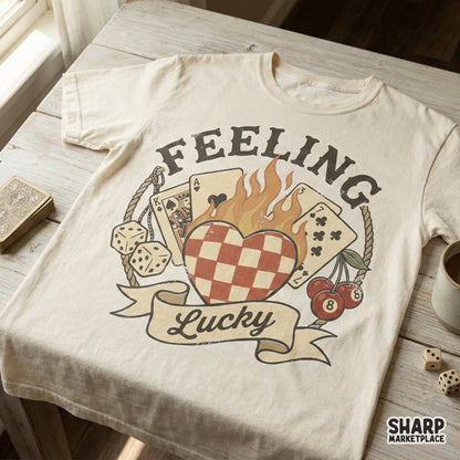 Vintage gambling themed digital download with a flaming heart, playing cards, and dice, ideal for custom t-shirts, tumblers, and DIY craft projects.