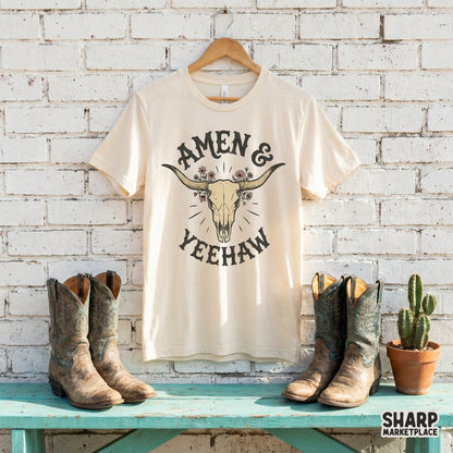 Amen & Yeehaw PNG, Western Skull Flowers - 300 DPI Design for T-Shirt