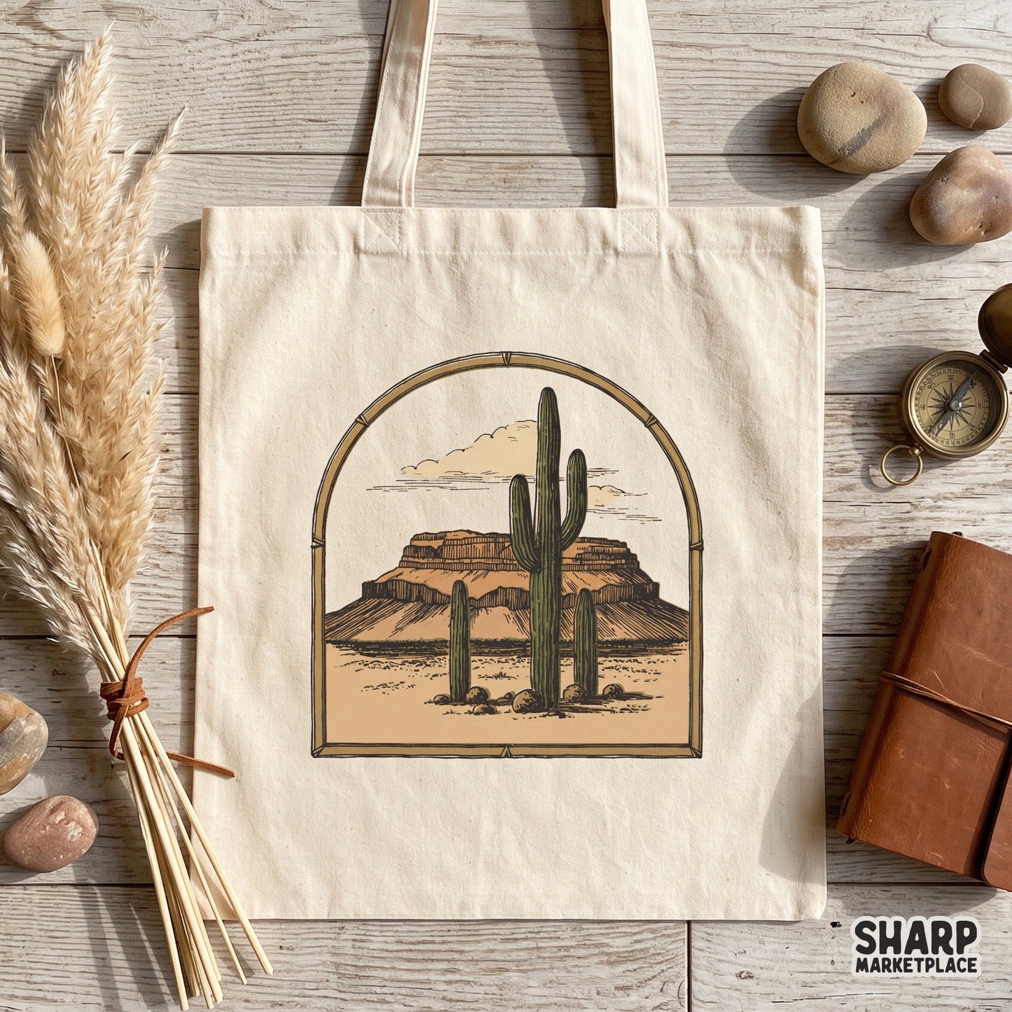Vintage desert landscape sublimation design with saguaro cacti and mesa for western cowboy t-shirts