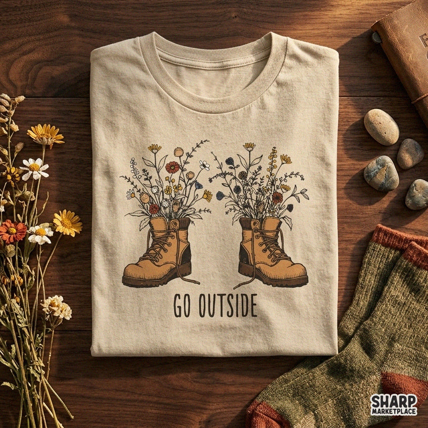 Vintage wildflower hiking boots PNG design with Go Outside text for camping and nature lover t-shirts