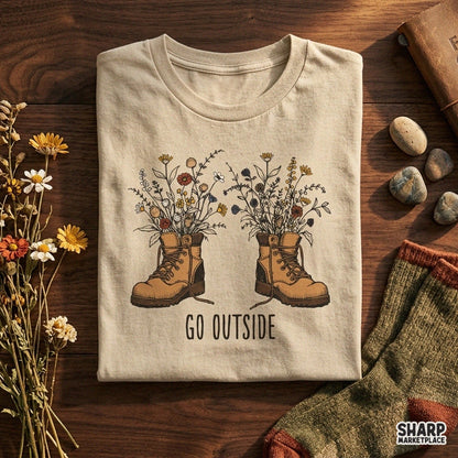 Vintage wildflower hiking boots PNG design with Go Outside text for camping and nature lover t-shirts