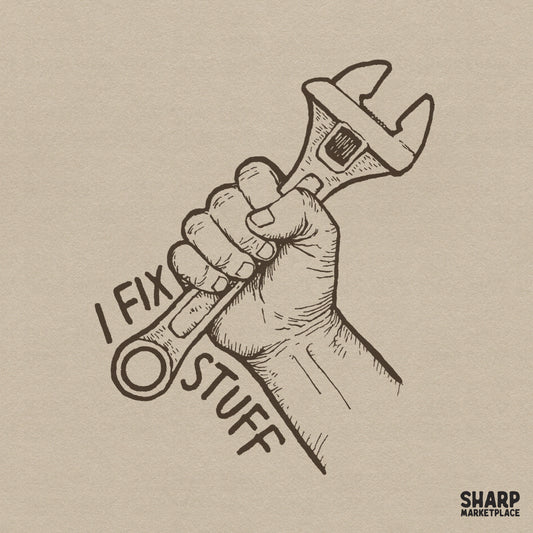 Funny retro wrench graphic with sarcastic I Fix Stuff text for Father's Day shirts and mechanic handyman gifts