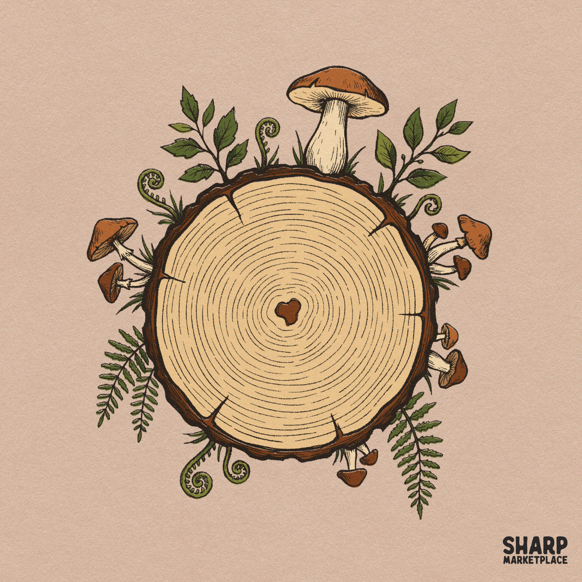 Heart shaped tree rings with woodland mushrooms and ferns PNG design for cottagecore fall crafts