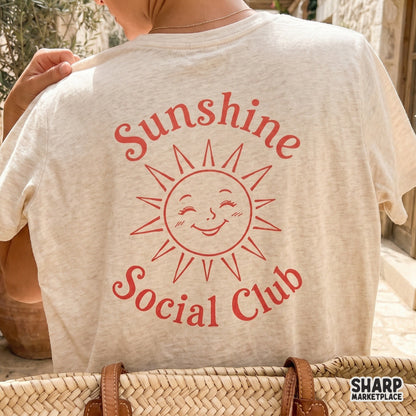Retro summer coquette sunshine social club PNG with a groovy happy face and pink bow for trendy beach apparel designs