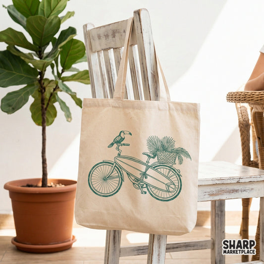 Digital design of a tropical beach cruiser bike with a surfboard and palm basket, perfect for summer sublimation and custom apparel prints.