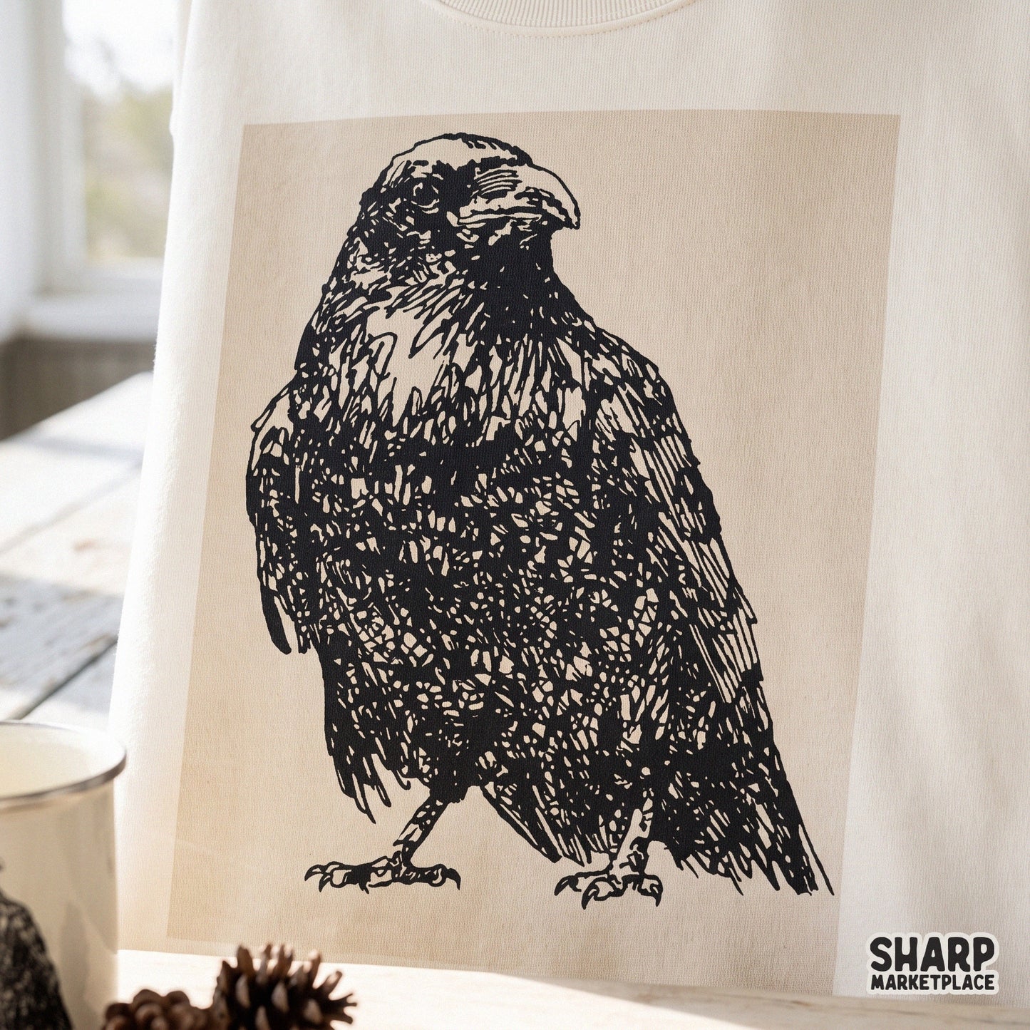 Vintage raven ink sketch in a gothic bird illustration style for spooky Halloween PNG sublimation designs and apparel