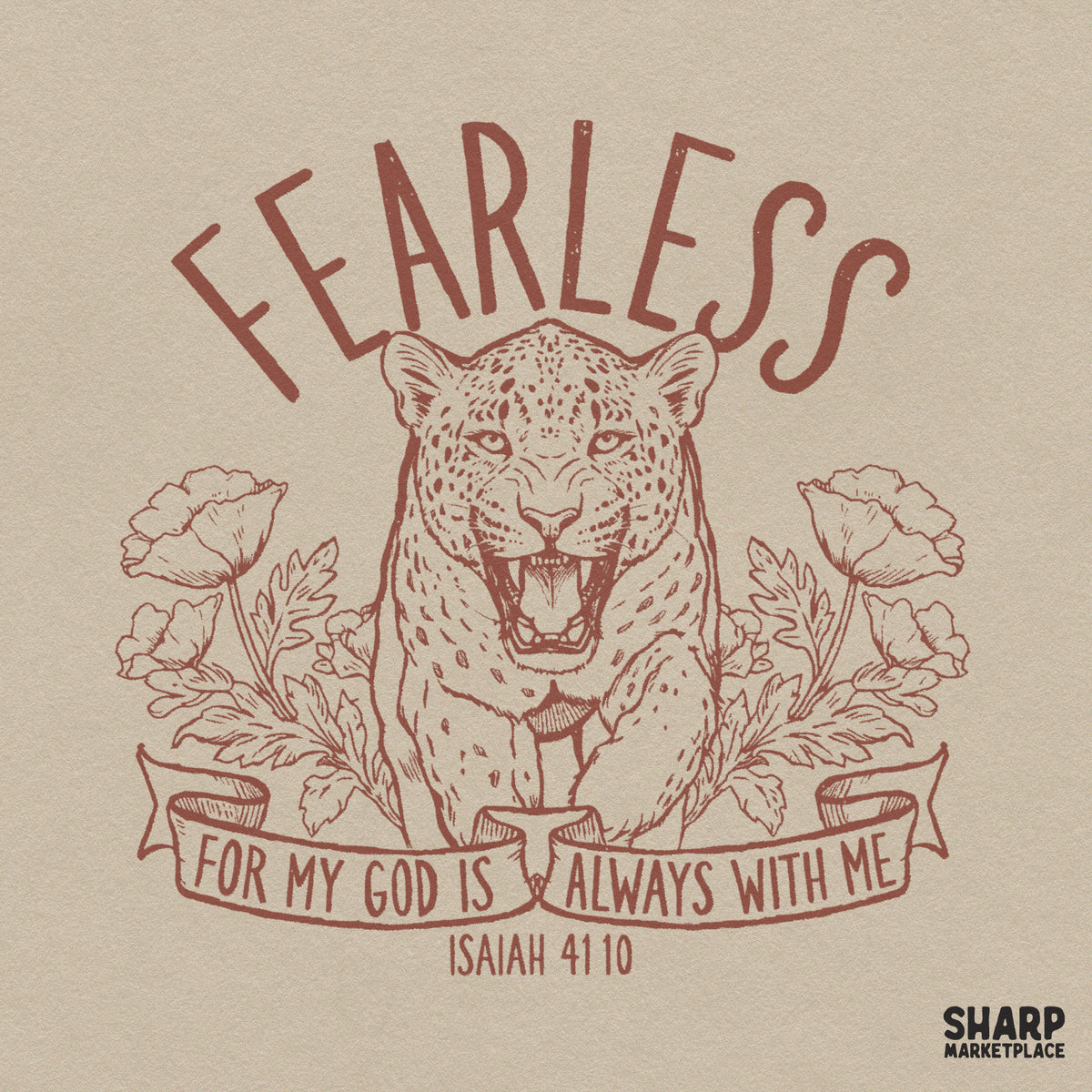 Fearless floral leopard Bible verse sublimation PNG featuring Isaiah 41 10 Christian faith quote for t-shirts