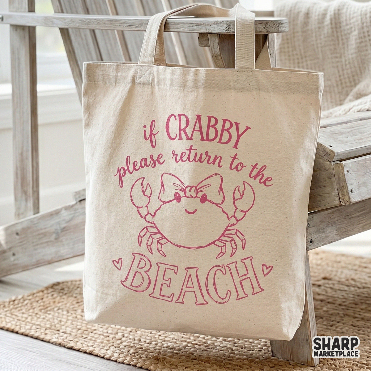 Digital design featuring a whimsical pink crab wearing a bow with coastal typography, perfect for DIY summer shirts, stickers, or beach-themed tumblers.