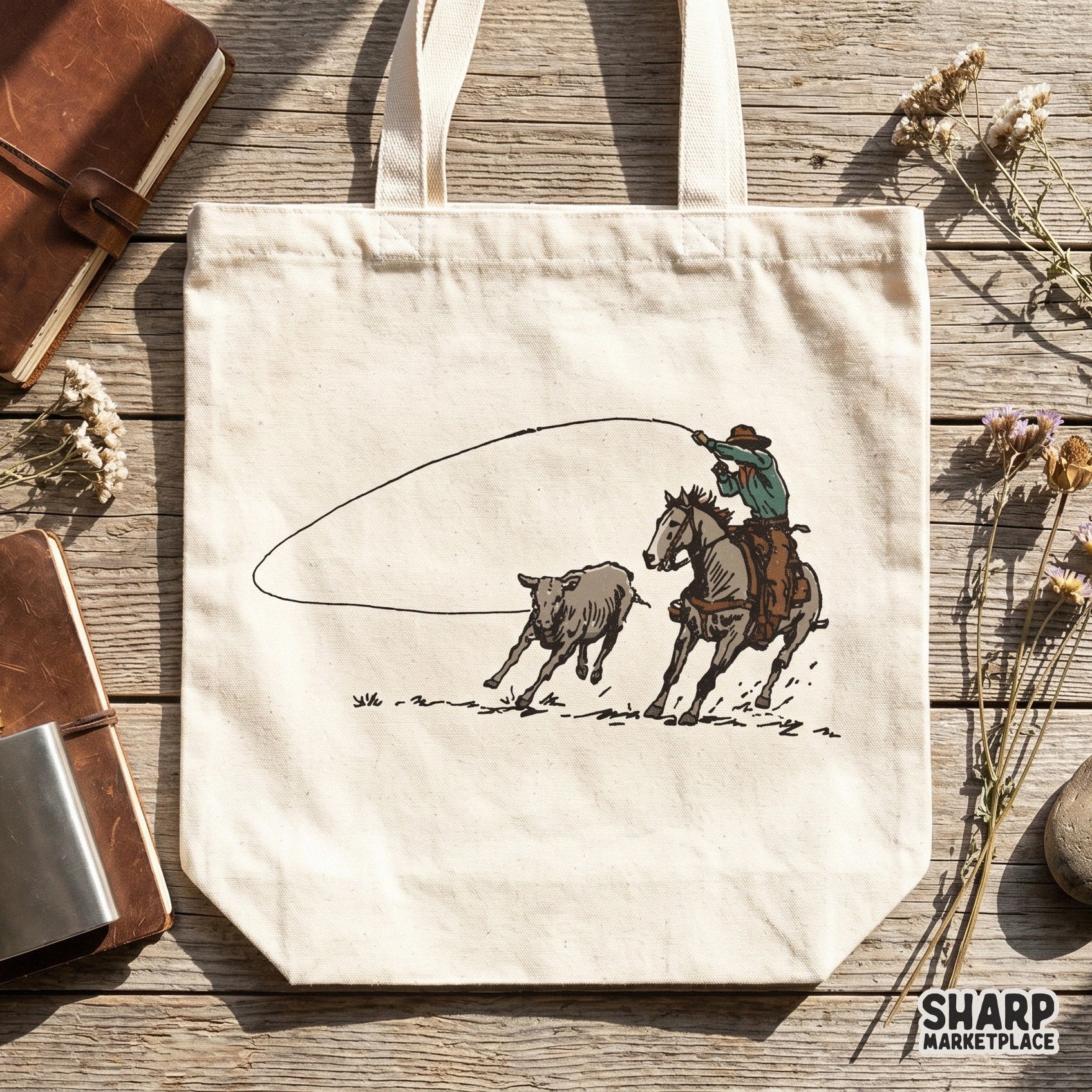 Hand-drawn cowboy and calf lassoing scene in a vintage aesthetic, ideal for creating unique sublimation transfers, tumblers, and western-style merchandise.