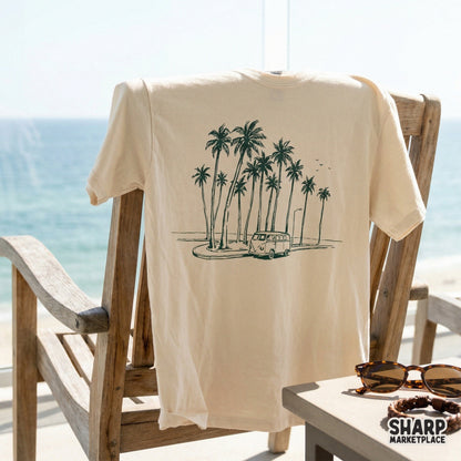 Retro coastal roadtrip digital download with a vintage van and palm trees, ideal for creating custom summer tumblers and wall art prints.