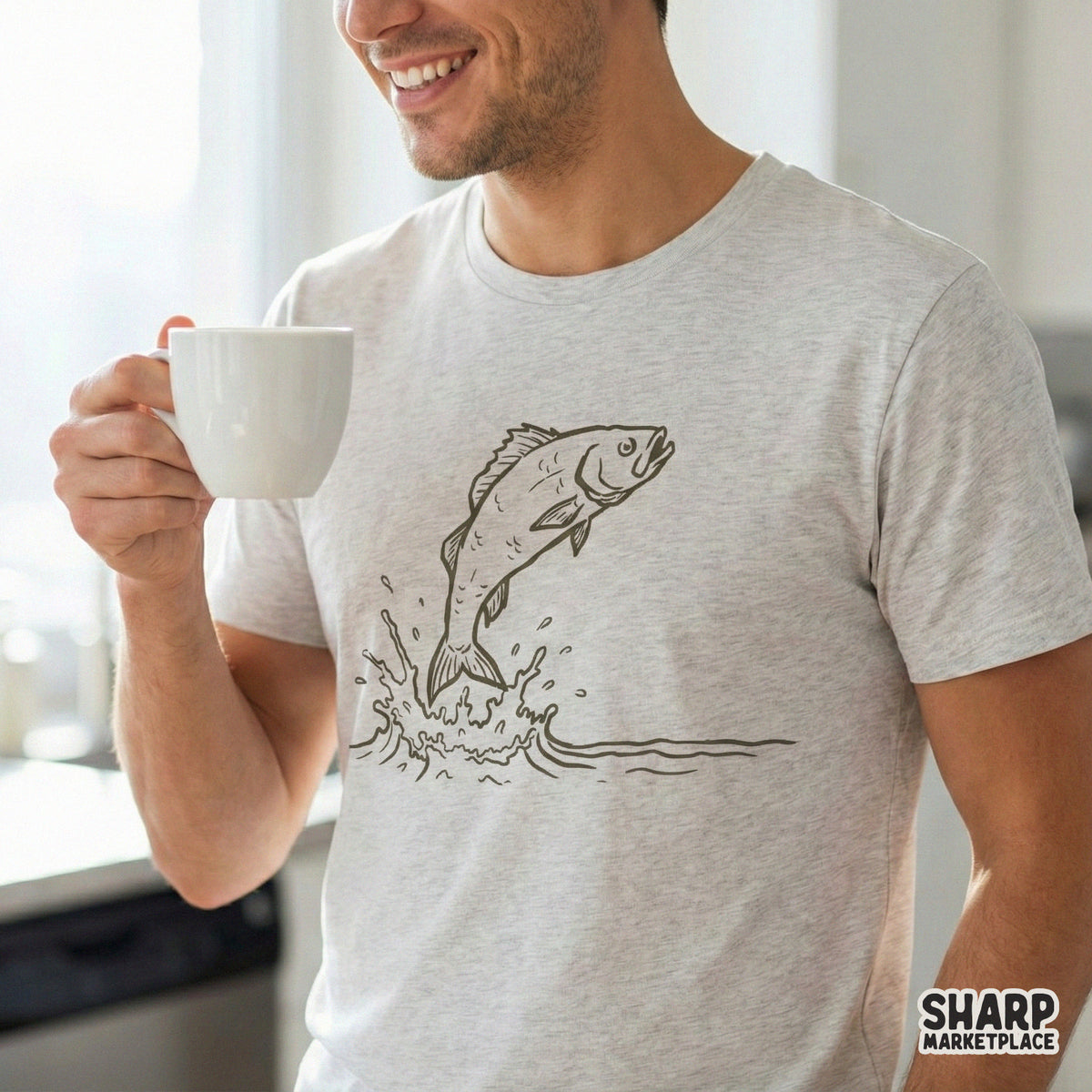 Detailed monochromatic sketch of a jumping bass fish with intricate scale textures, ideal for DTF printing on fishing shirts, hoodies, or outdoor stickers.