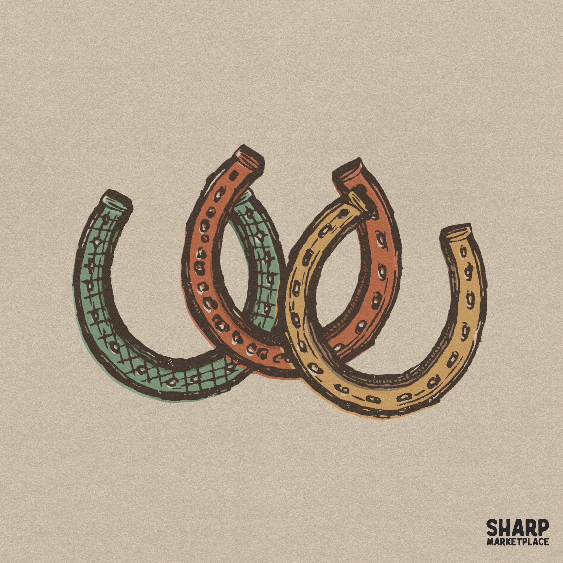 Retro intertwined horseshoes illustration in a vintage western style for country rodeo shirts and cowboy sublimation designs