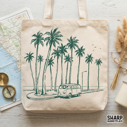 Detailed monochromatic green digital graphic featuring a beach roadtrip scene with a van and palm trees for custom t-shirts and stickers.