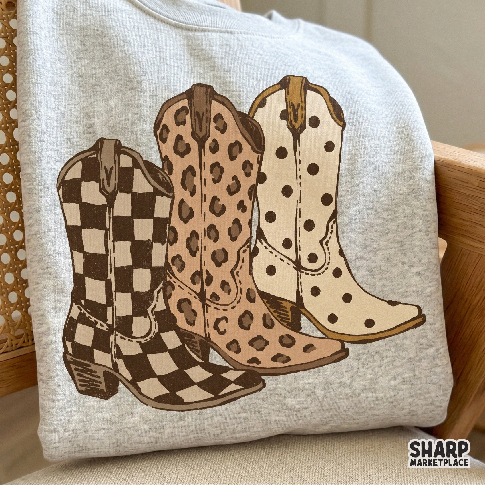 Western themed digital graphic featuring a trio of patterned cowgirl boots perfect for sublimation, stickers, and custom country style shirts.
