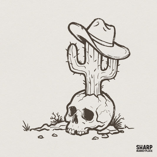 Hand-drawn vintage western desert design featuring a weathered skull with a saguaro cactus growing from it, topped with a classic cowboy hat, PNG file.