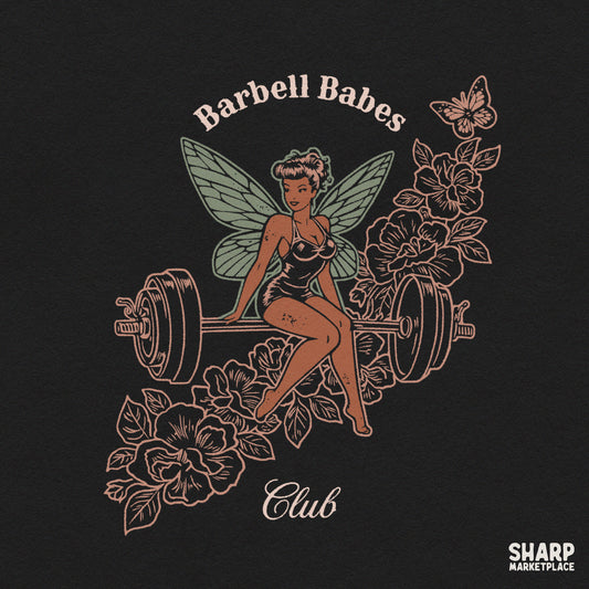 Retro fitness fairy sitting on weights with pink flowers for trendy weightlifting gym shirt png designs