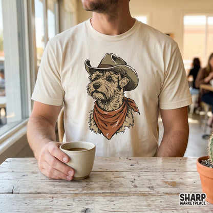 Detailed western dog portrait with a weathered hat and bandana, suitable for trendy dog mom shirts, country-themed prints, and sublimation transfers.