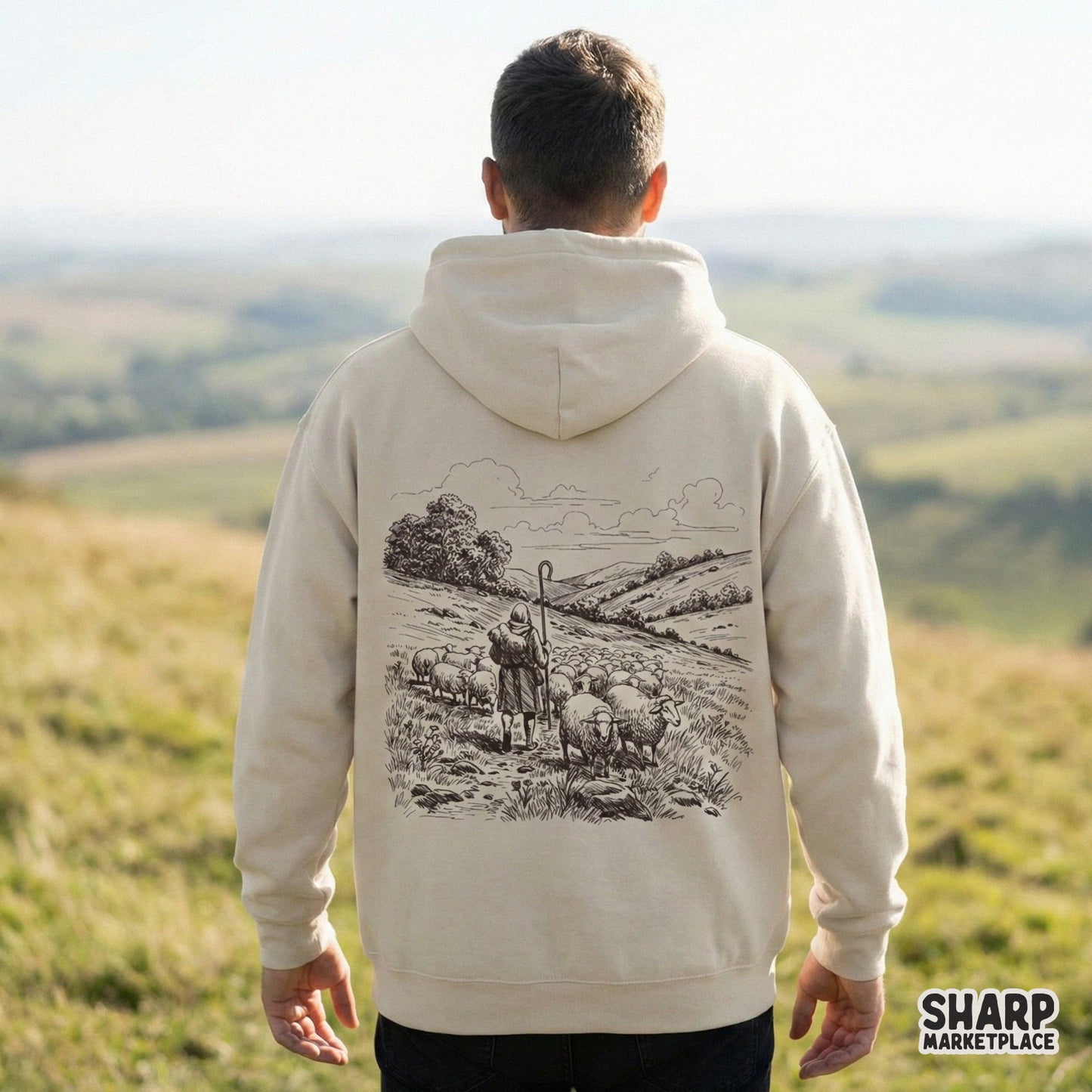 Detailed pastoral landscape digital graphic featuring a hooded shepherd and wooly sheep, perfect for sublimation, wall art, or rustic stickers.