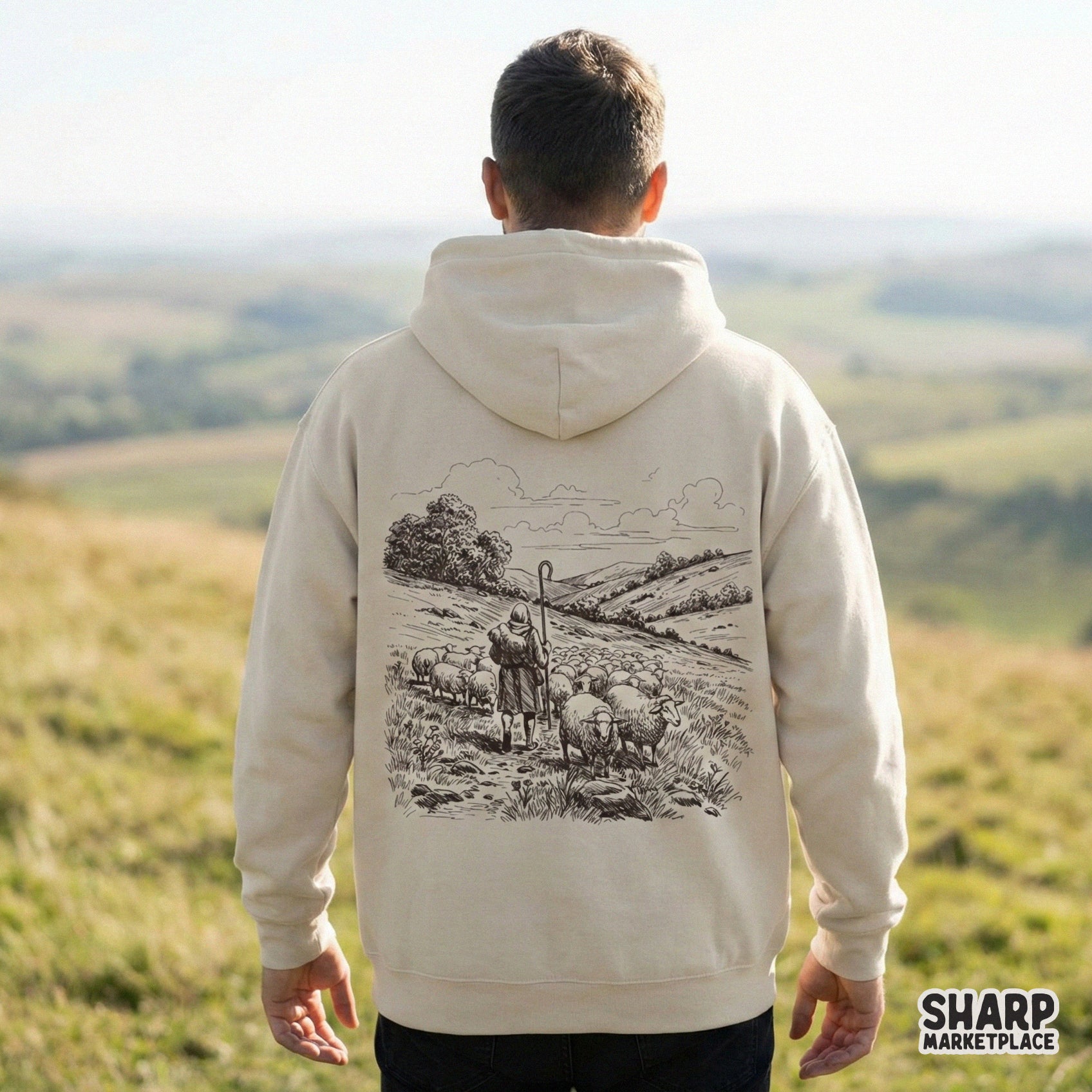 Detailed pastoral landscape digital graphic featuring a hooded shepherd and wooly sheep, perfect for sublimation, wall art, or rustic stickers.
