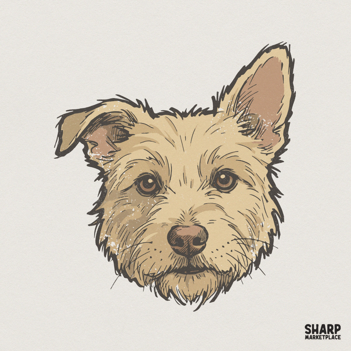 Hand-drawn terrier dog portrait with scruffy tan fur, expressive brown eyes, and one ear perked up, isolated on a neutral background for DIY crafts.