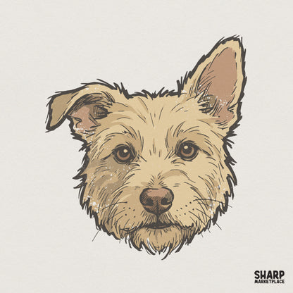 Hand-drawn terrier dog portrait with scruffy tan fur, expressive brown eyes, and one ear perked up, isolated on a neutral background for DIY crafts.