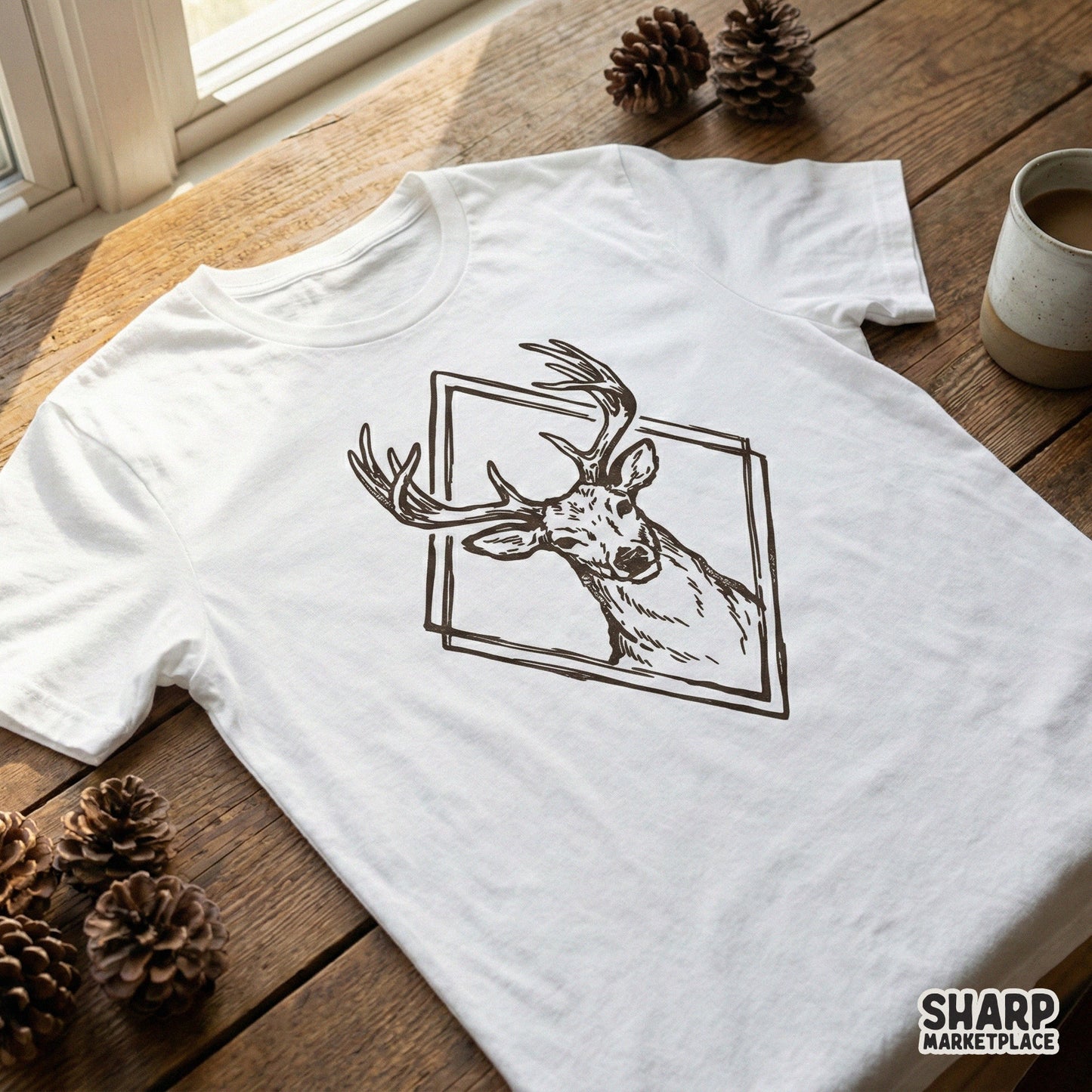 Detailed stag head drawing with antlers framed in a geometric diamond shape, shown as a brown graphic print on a white t-shirt for rustic apparel.