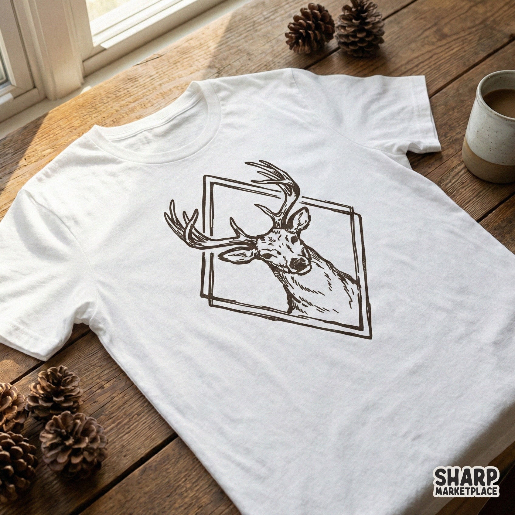 Detailed stag head drawing with antlers framed in a geometric diamond shape, shown as a brown graphic print on a white t-shirt for rustic apparel.