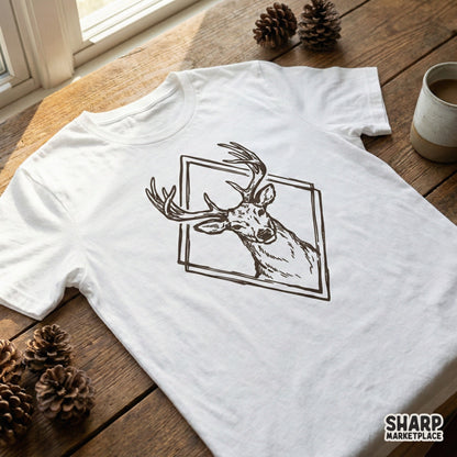 Detailed stag head drawing with antlers framed in a geometric diamond shape, shown as a brown graphic print on a white t-shirt for rustic apparel.