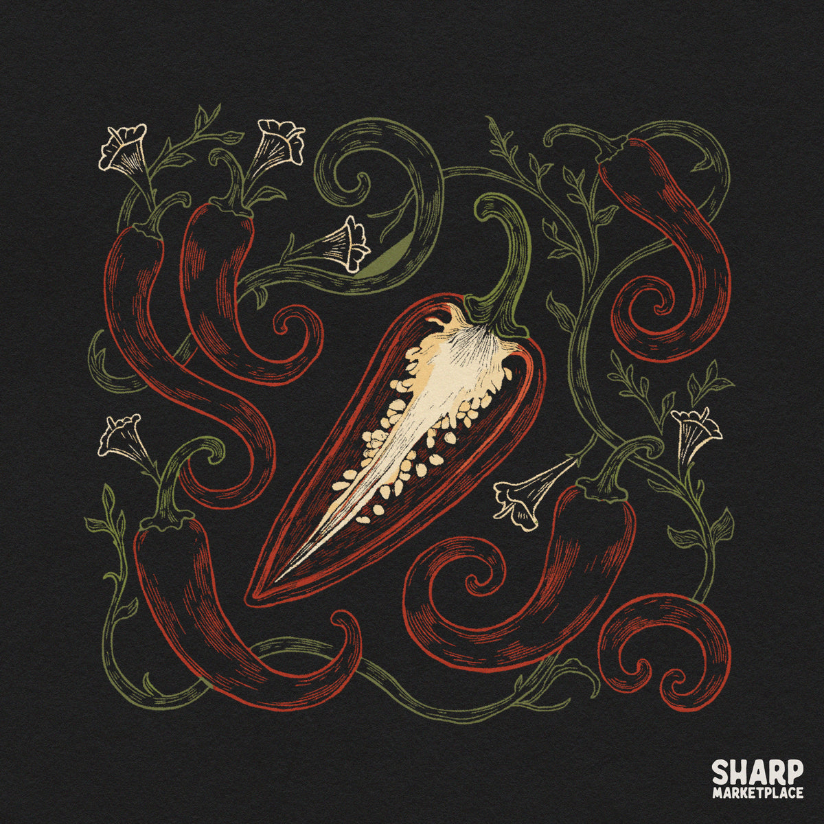 Vintage botanical red chili pepper and vines illustration for custom sublimation shirts and retro Mexico decor