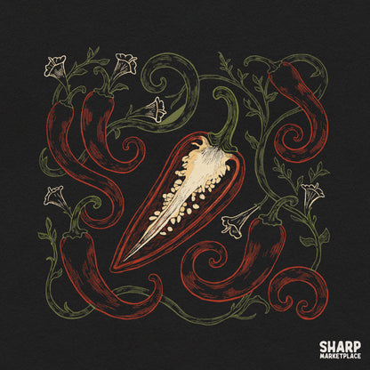 Vintage botanical red chili pepper and vines illustration for custom sublimation shirts and retro Mexico decor