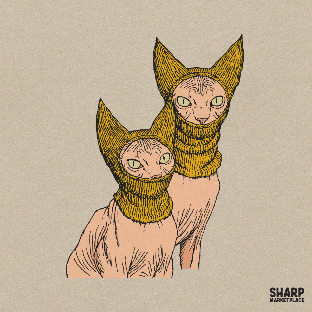 Two Sphynx Cats Wearing Knit Balaclavas, Funny PNG Winter