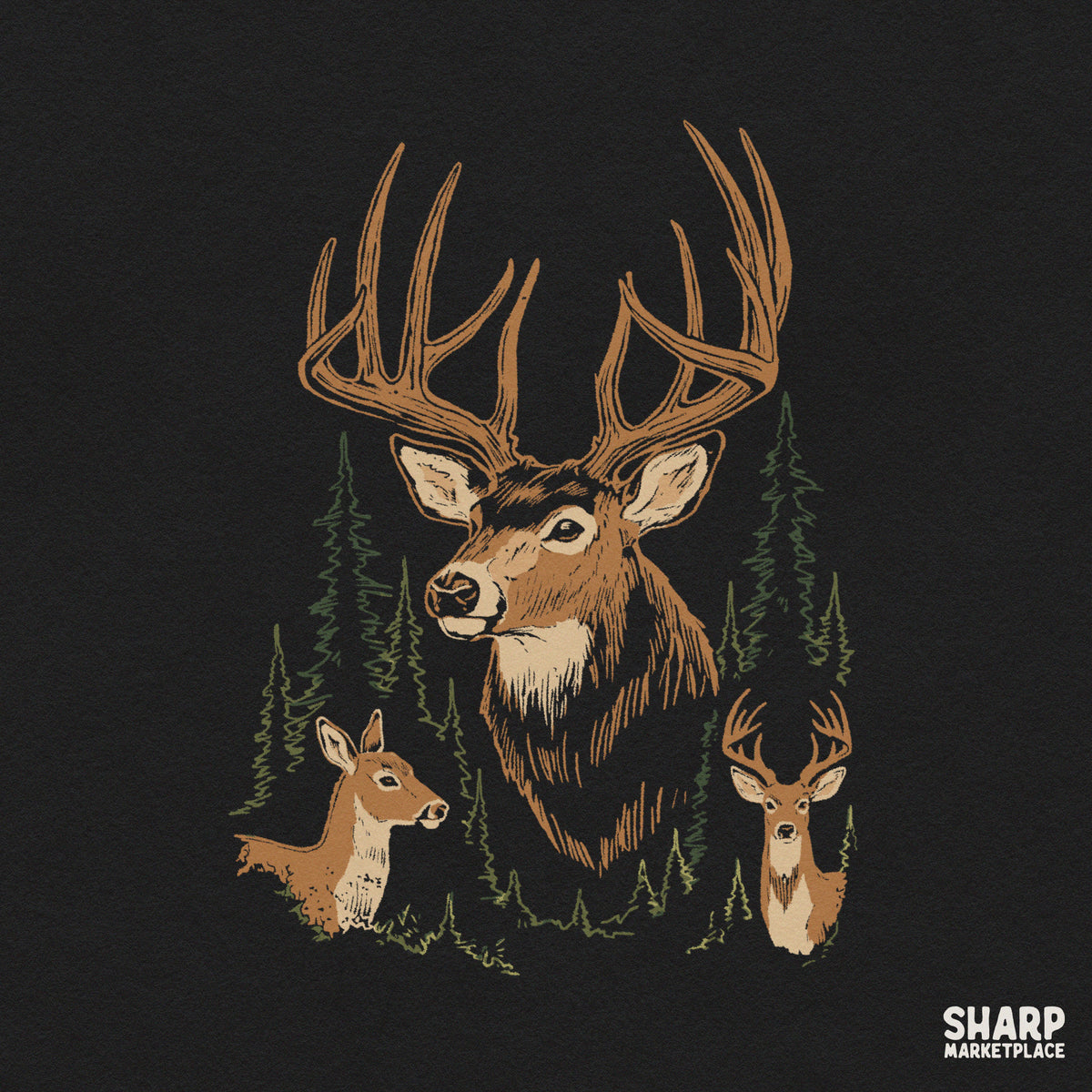 Rustic buck and deer artwork in a dark pine forest for hunting and fall sublimation designs