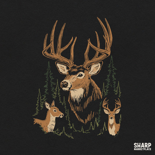 Rustic buck and deer artwork in a dark pine forest for hunting and fall sublimation designs