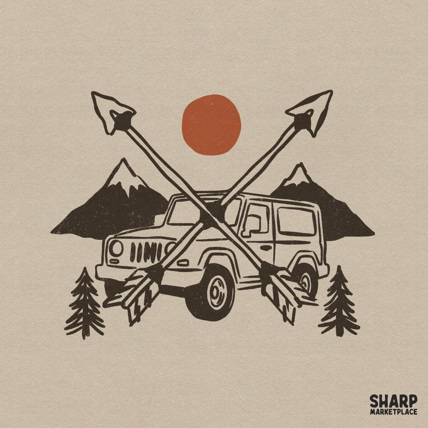 Retro off-road vehicle illustration featuring crossed arrows, snowy mountains, and a large sun, perfect for outdoor apparel and camping-themed projects.