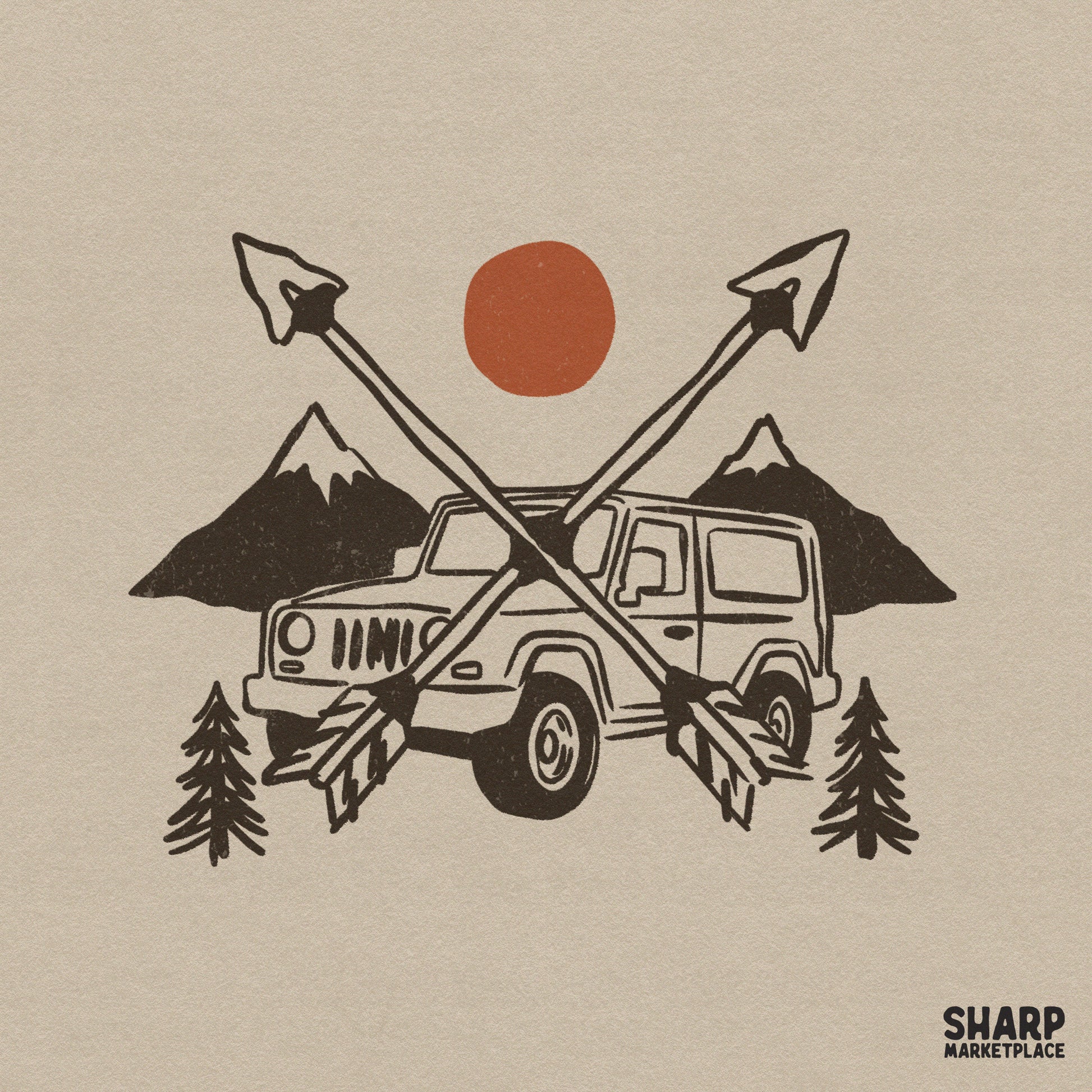 Retro off-road vehicle illustration featuring crossed arrows, snowy mountains, and a large sun, perfect for outdoor apparel and camping-themed projects.