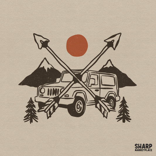 Retro off-road vehicle illustration featuring crossed arrows, snowy mountains, and a large sun, perfect for outdoor apparel and camping-themed projects.