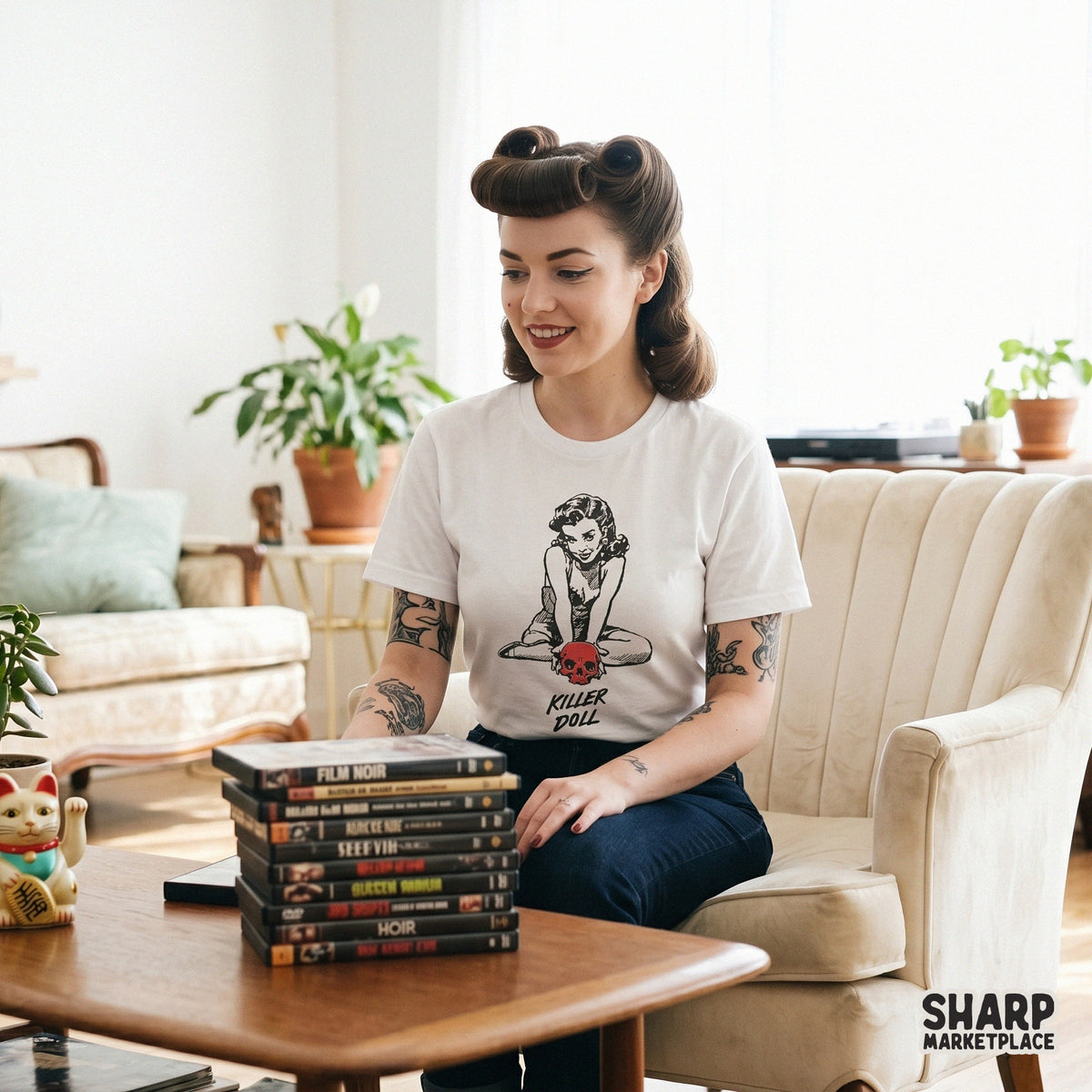 Retro pinup style graphic featuring a woman with a red skull and the text Killer Doll perfect for gothic t-shirt printing and spooky stickers