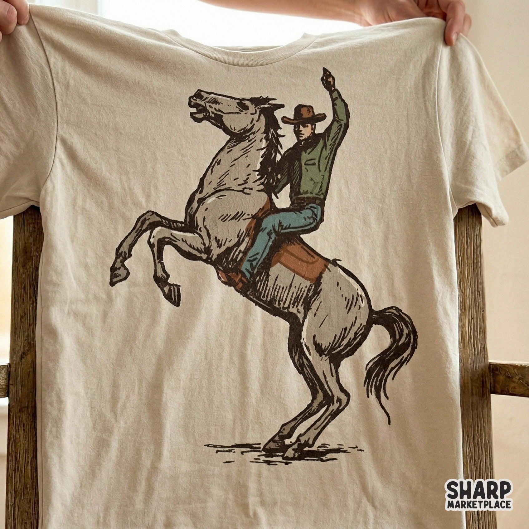 A rustic, hand-drawn illustration of a bronc rider on a bucking horse, displayed on a beige t-shirt mockup for western graphic design inspiration.