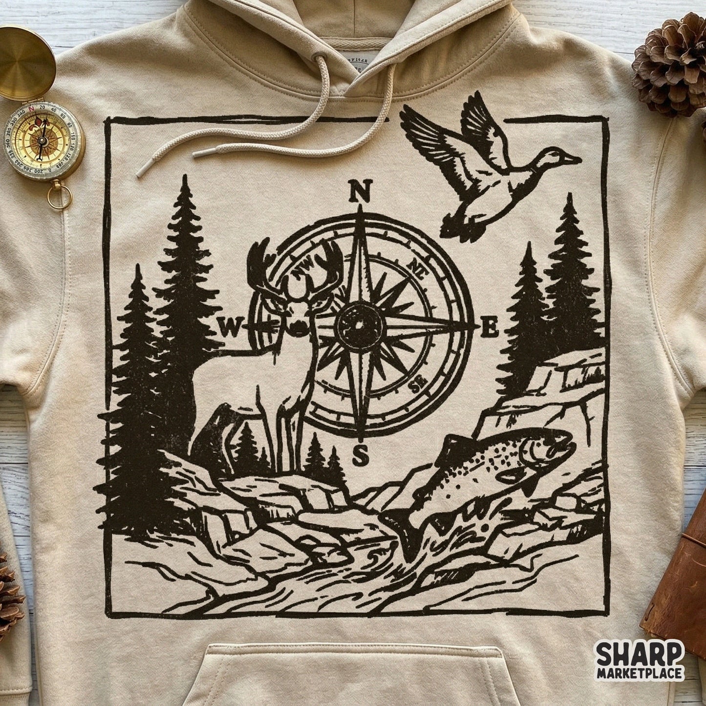 Monochromatic outdoor scene digital download with a compass, forest, and wildlife, perfect for custom hunting and fishing sublimation or stickers.