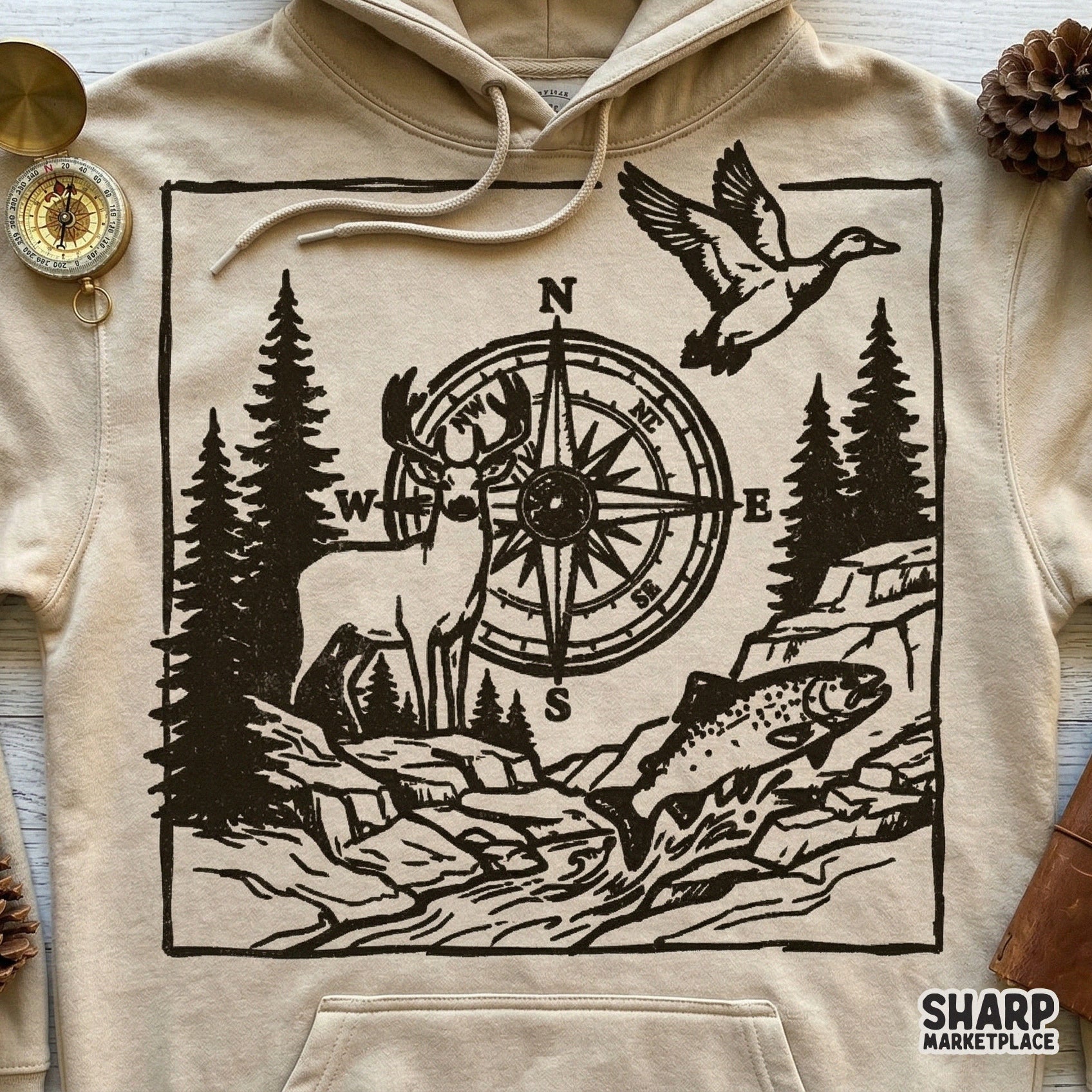 Monochromatic outdoor scene digital download with a compass, forest, and wildlife, perfect for custom hunting and fishing sublimation or stickers.