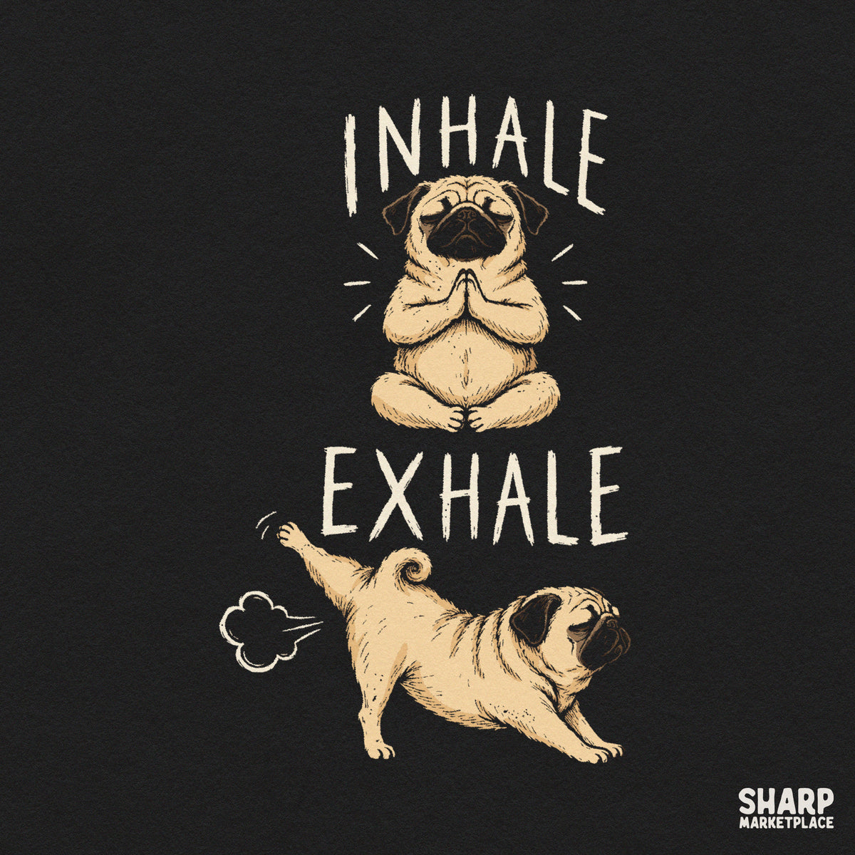 Funny meditating pug dog farting retro yoga design for t-shirt sublimation and shirt PNG