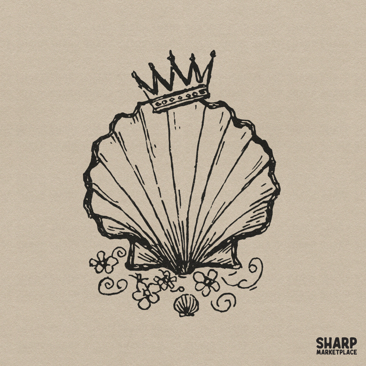 Hand-drawn black ink illustration of a scallop shell wearing a crown, surrounded by delicate coastal flowers, perfect for summer sublimation projects.