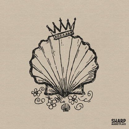 Hand-drawn black ink illustration of a scallop shell wearing a crown, surrounded by delicate coastal flowers, perfect for summer sublimation projects.
