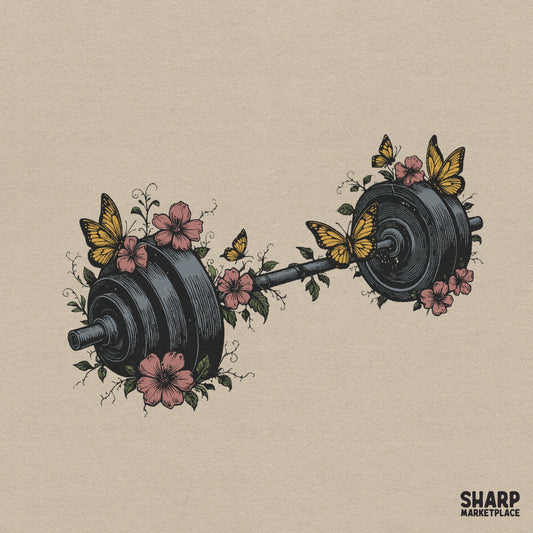 Feminine floral barbell design with yellow butterflies for gym fitness weightlifting shirts and workout apparel