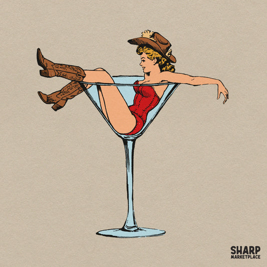 Retro Cowgirl Sitting in Giant Martini Glass, Summer