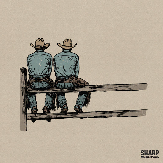Vintage western illustration of two cowboys sitting on a wooden fence digital PNG for shirt design and sublimation
